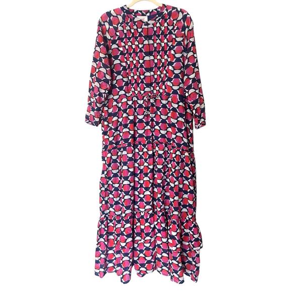 Banjanan Tiered Cotton Maxi Dress Women's XL Geometric Print Boho Tie Waist - Picture 1 of 5